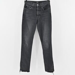 Grlfrnd Womens Black Skinny Jeans Size 26 Raw Hem Slit Ankle Casual Faded Denim